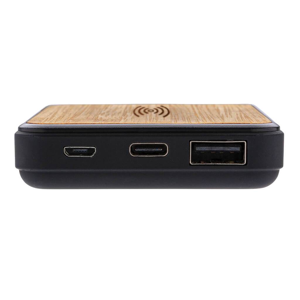 Bamboo Anti-microbial Wireless Powerbank showing ports