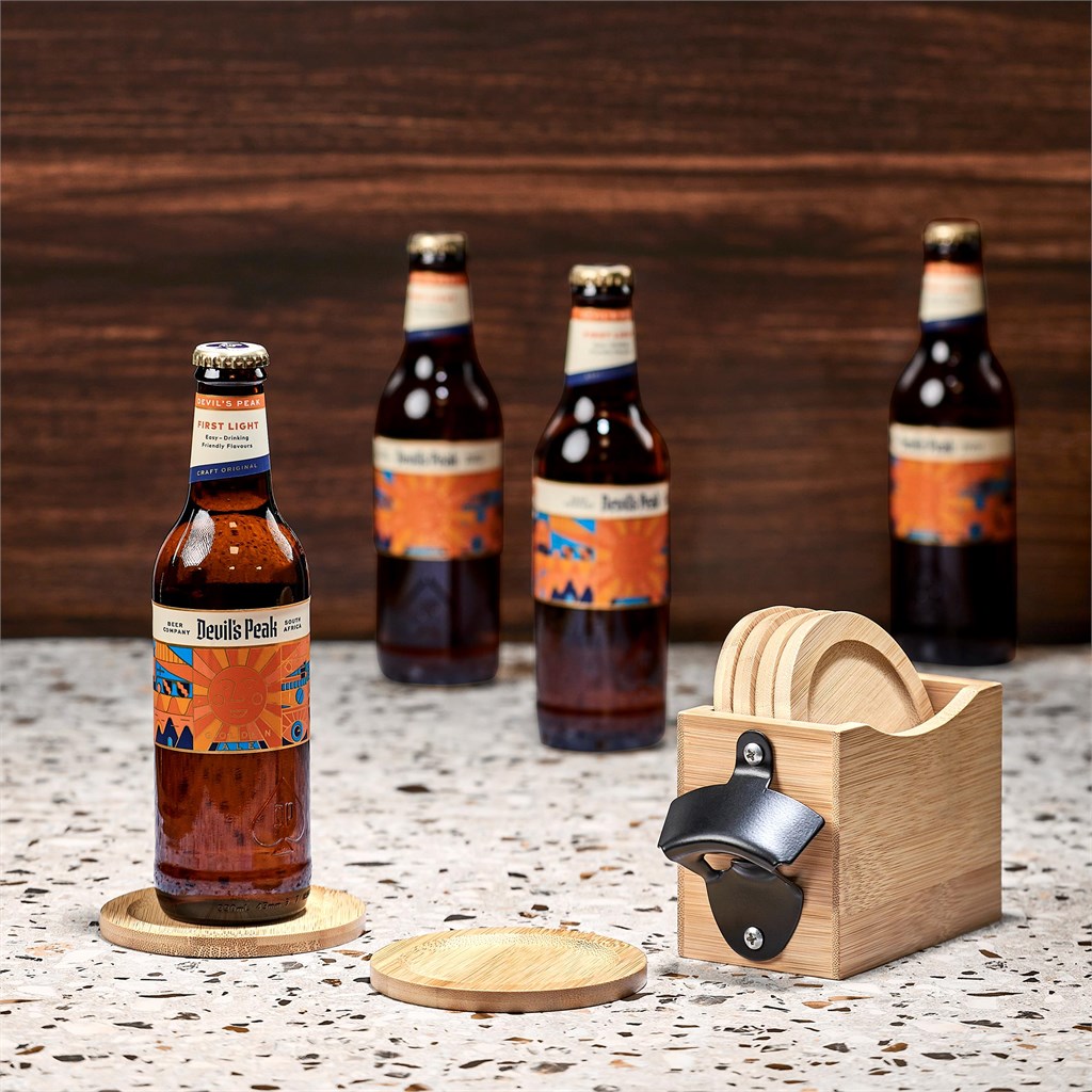 Kanpai Bamboo Coaster & Bottle Opener Set