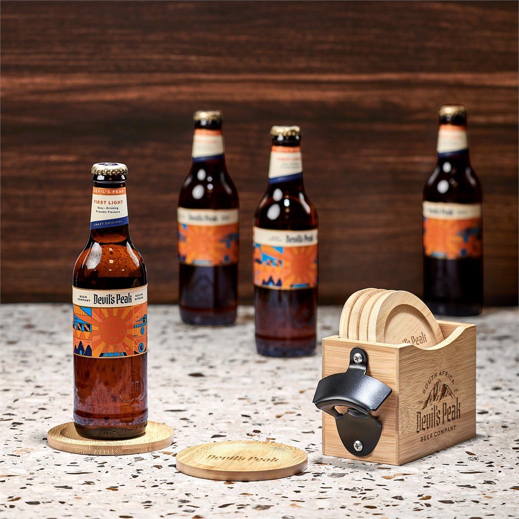 Kanpai Bamboo Coaster & Bottle Opener Set