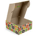 Corrugated cardboard gift box shown in an open position and custom branded.