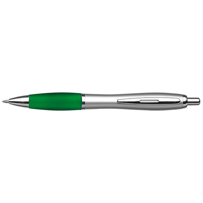 BP30111 - Silver Barrel Curved Design Ballpoint Pen with Coloured Grip Green / STD / Regular - Writing Instruments