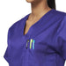 Close-up torso woman wearing purple scrub top