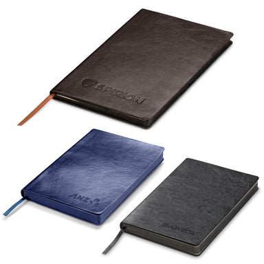 A set of faux leather notebooks showing the three colours available, brown, navy and black. Each notebook has a cloth marker showing through from the bottom of each book
