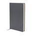 Grey notebook shown upright