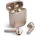 Rose gold true wireless earbuds container open with earbuds positioned in front of the container