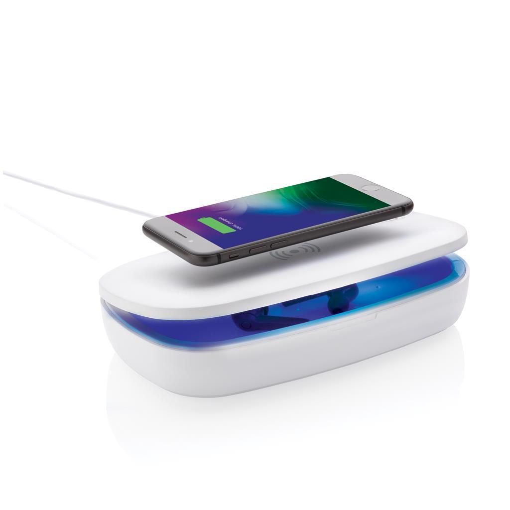 Semi-Closed Sterilization Box with 5W Wireless Charger and a mobile phone and earbuds being sterilized