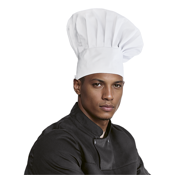 Model wearing a toque blanche French Chef mushroom from Custom Brands