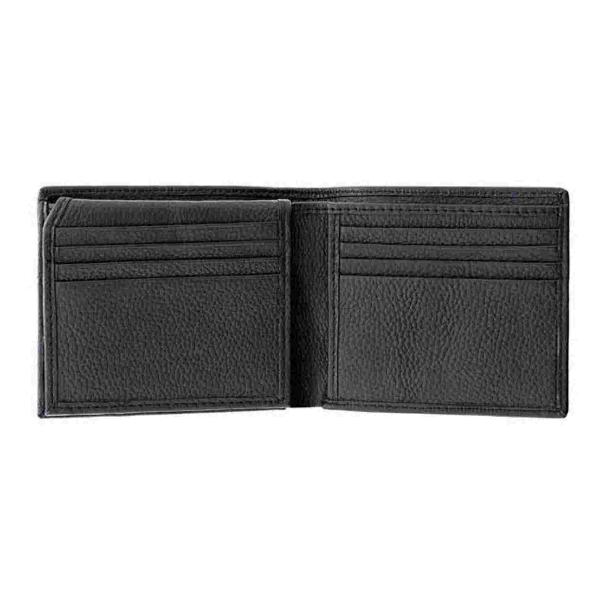 Open empty black wallet showing pockets