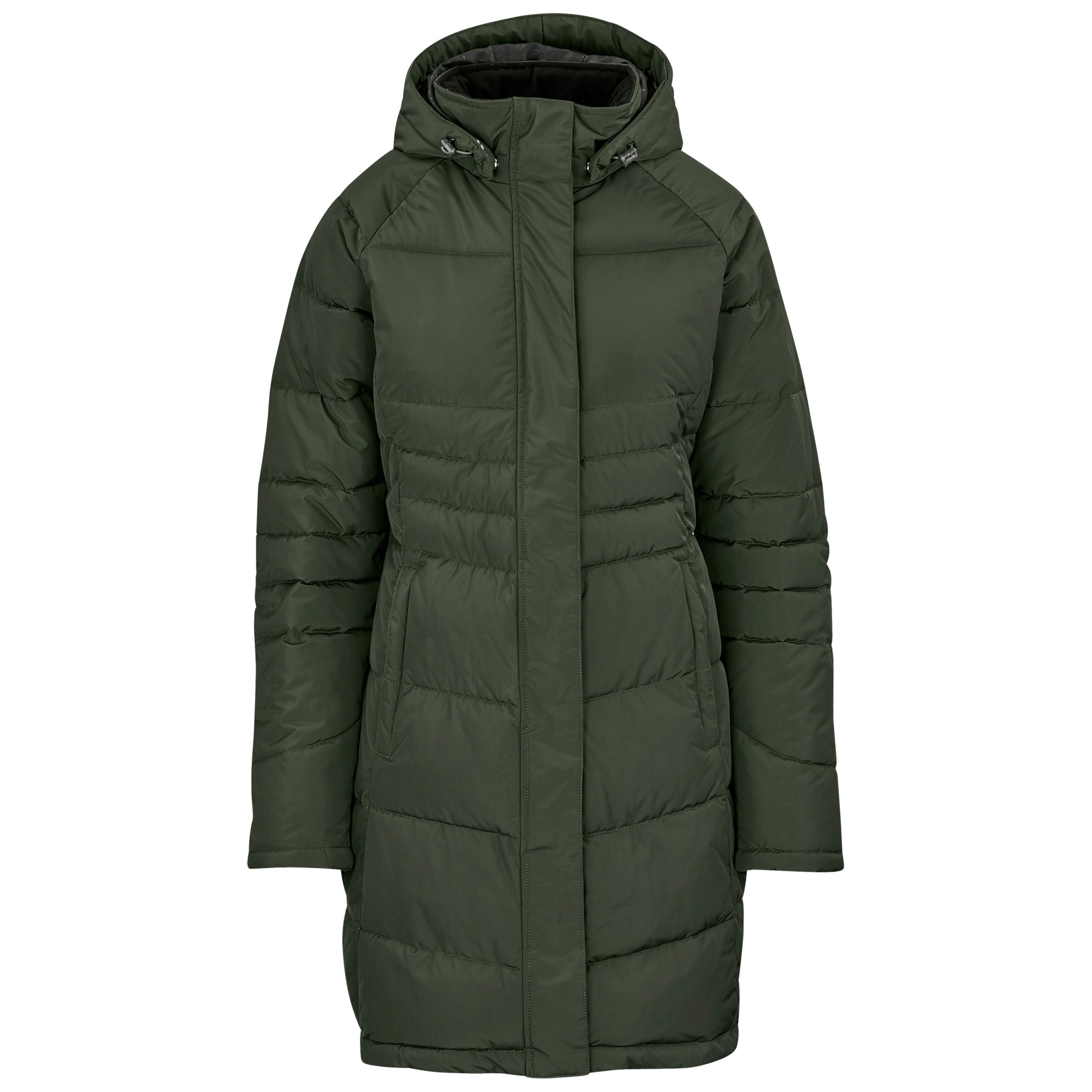 Green knee-length padded ladies winter jacket