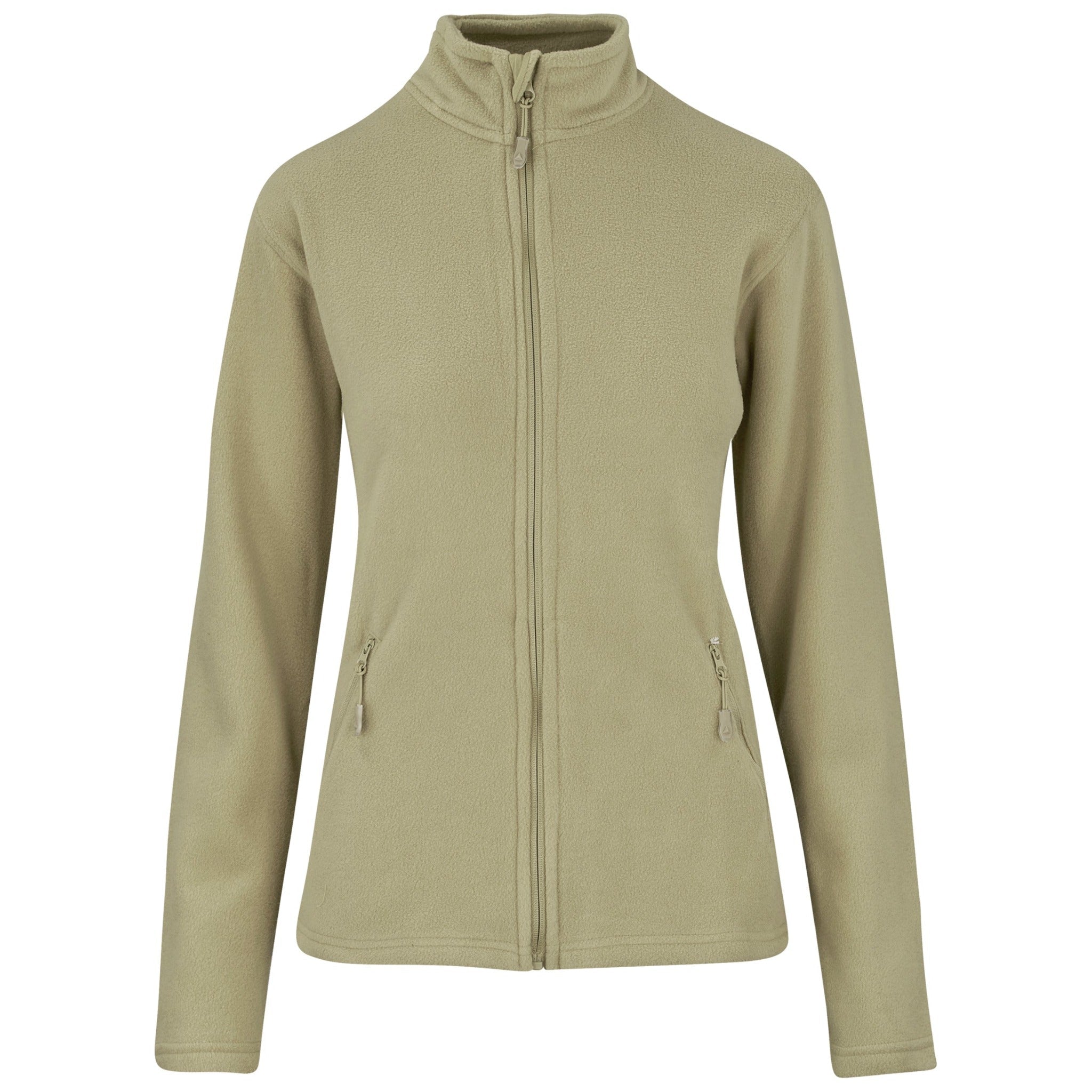 Front view of a ladies stone-coloured micro fleece jacket.