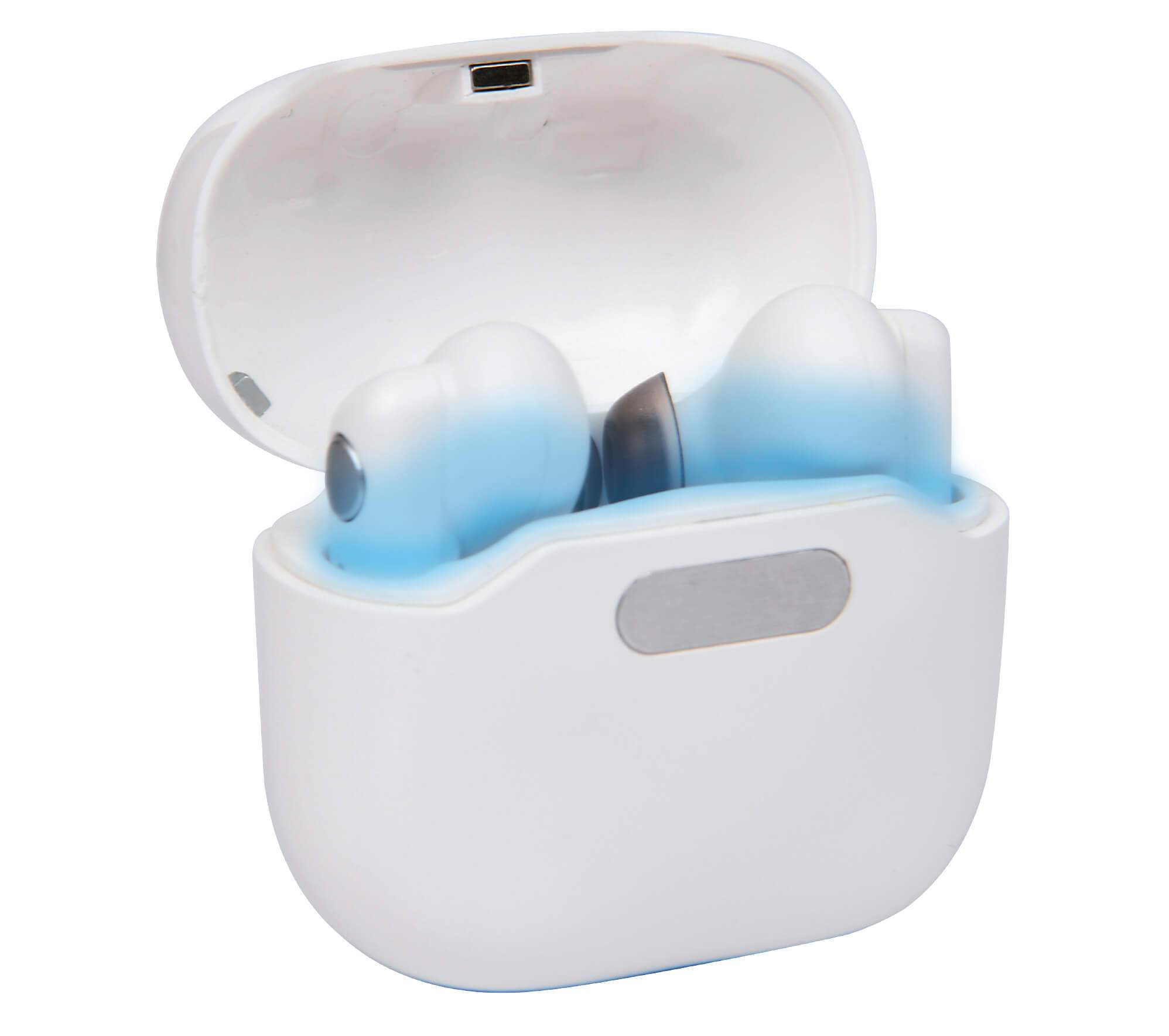 Sterile wireless earbuds shown in sterilization case